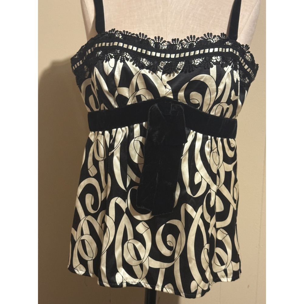 BLACK WHITE Y2K BABYDOLL CAMI S LACE TRIM SATIN BOW COQUETTE FAIRY TOP microtop - Picture 2 of 11